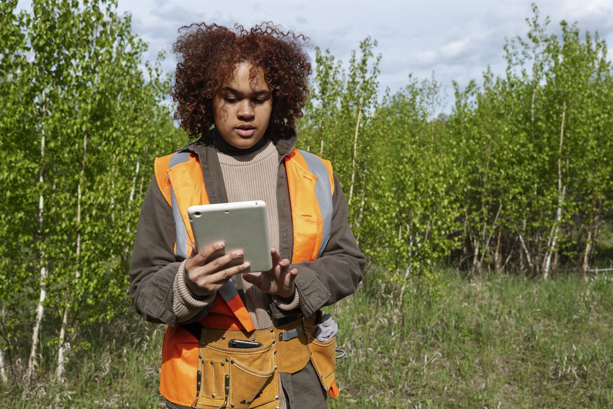 A field officer walking between rows of young coffee